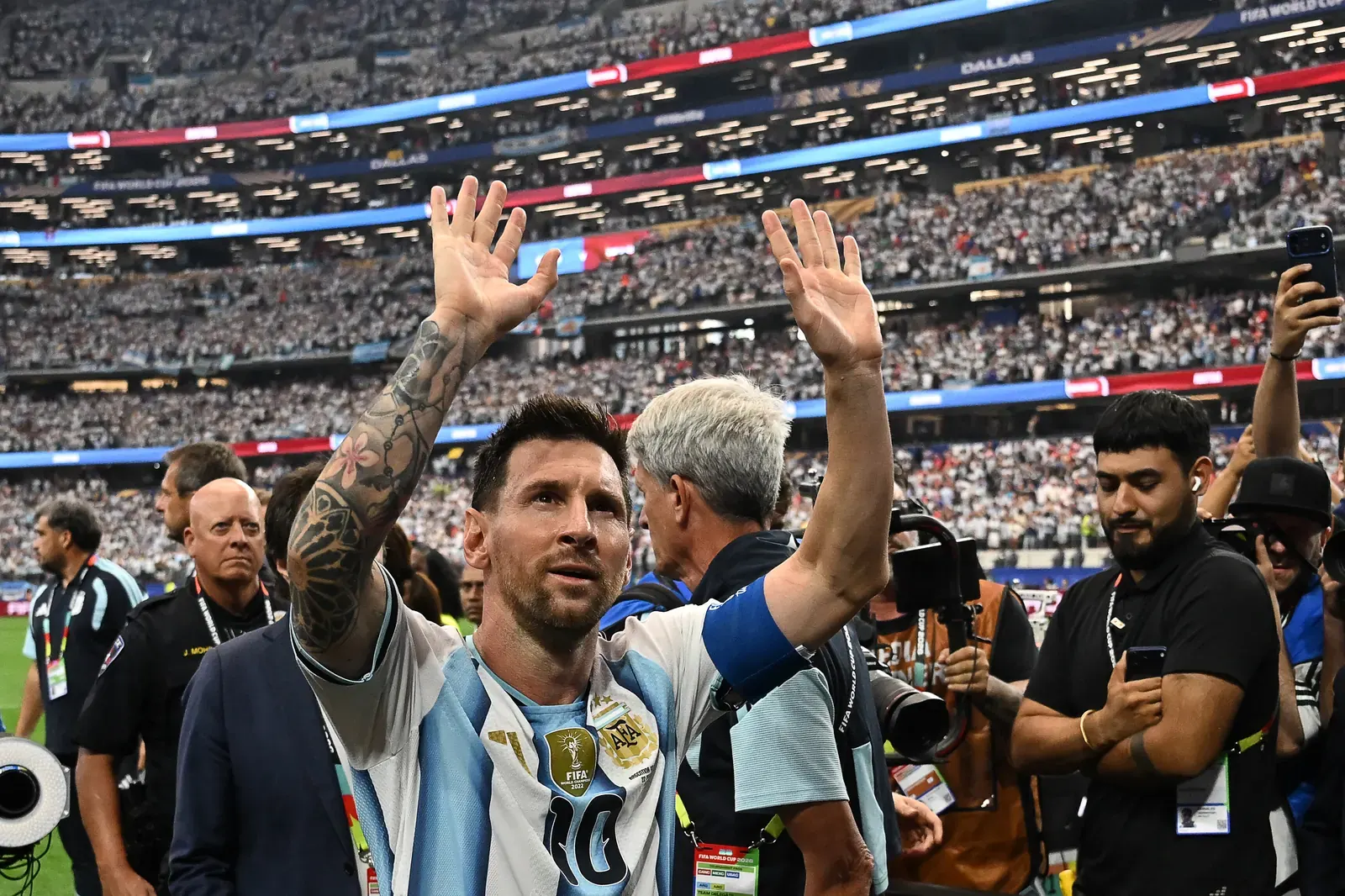 Lionel Messi celebrates scoring a goal for Argentina in a FIFA World Cup match.
