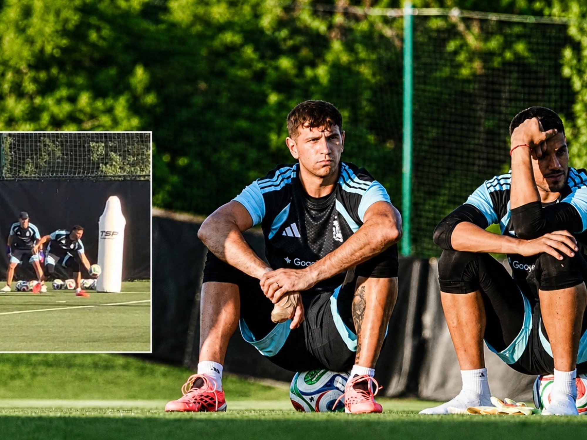 Emiliano Martínez, Argentina's goalkeeper, practicing goalkeeping drills.