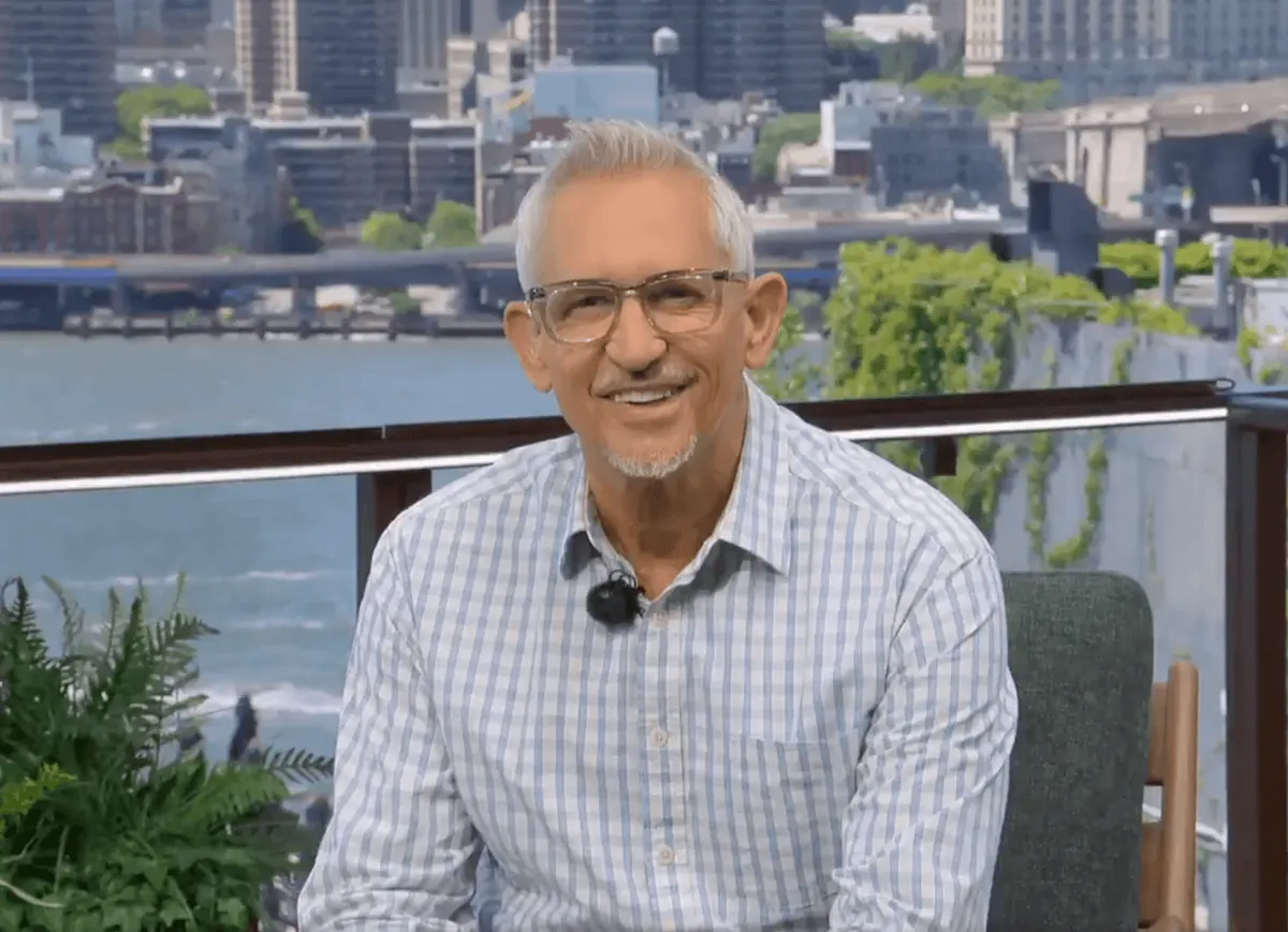 Gary Lineker on a television studio set, appearing to present a football match broadcast.