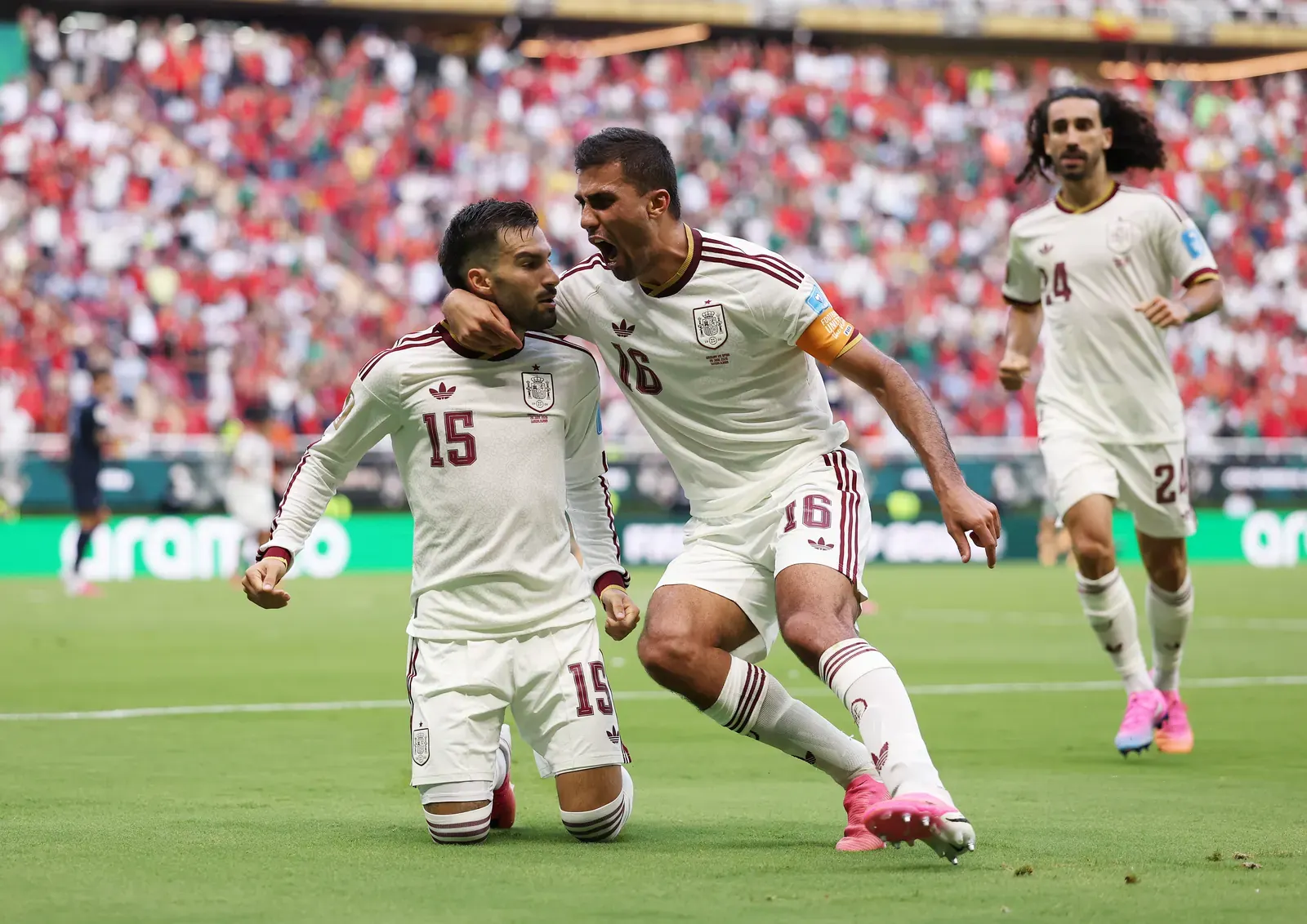 Spanish players celebrating a goal during the FIFA World Cup 2026 match against Uruguay.