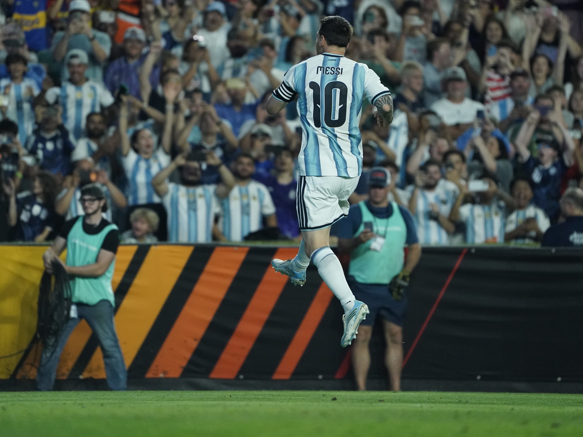Lionel Messi celebrating with the Argentina national football team