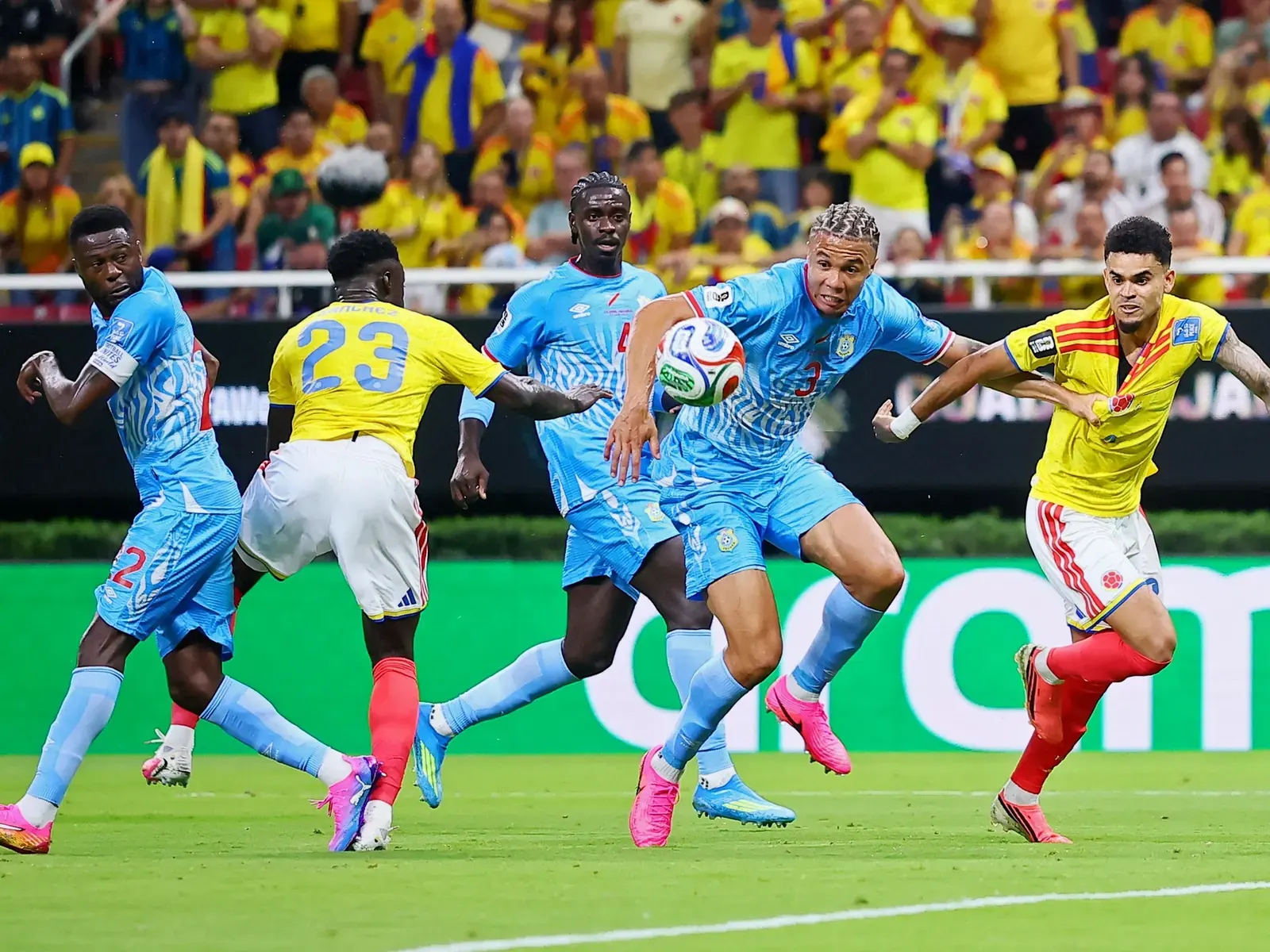 Colombia players celebrate a goal during their World Cup 2026 match against DR Congo.