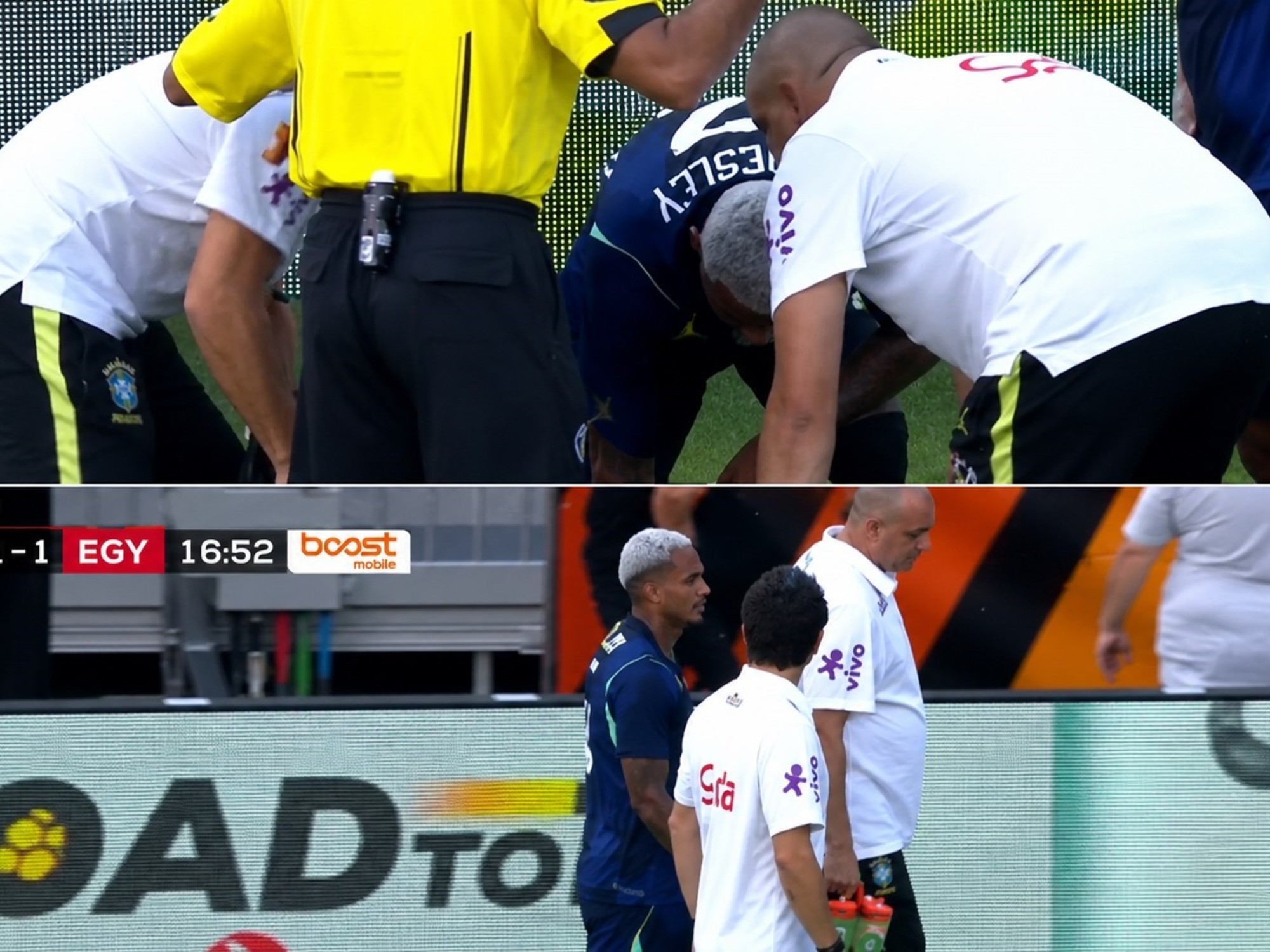 Jugador de Brasil Wesley siendo atendido por el cuerpo médico en el campo de juego.