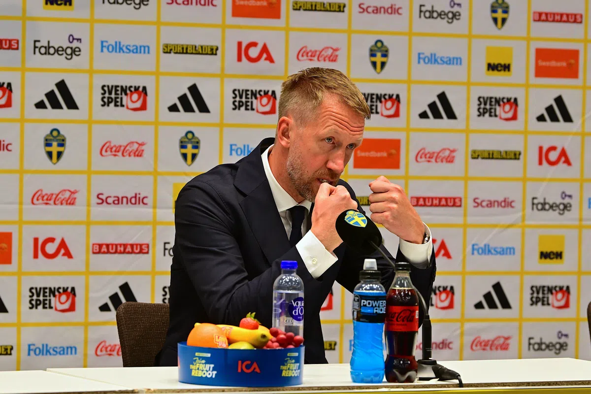 Sweden national football team coach Graham Potter speaking at a press conference.