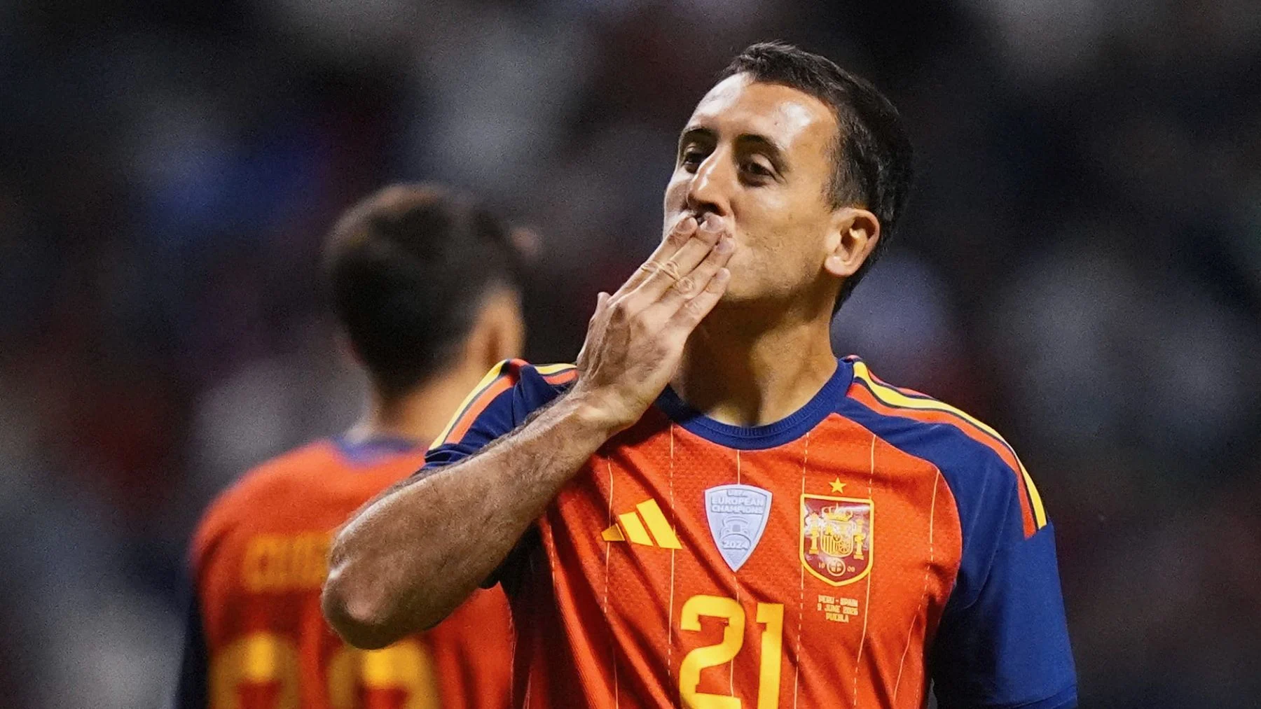 Mikel Oyarzabal celebrating his opening goal for Spain against Peru