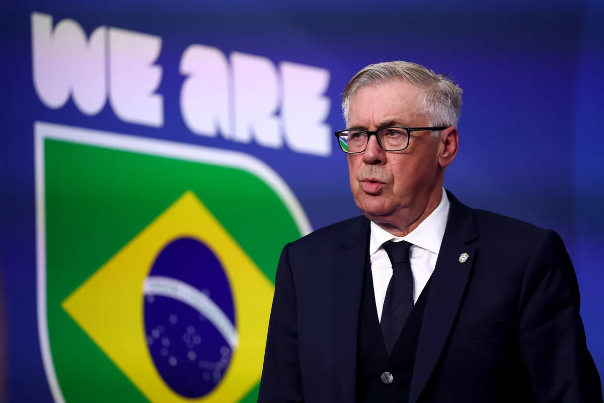 Carlo Ancelotti, head coach of Brazil, walks out for a FIFA World Cup 2026 match.