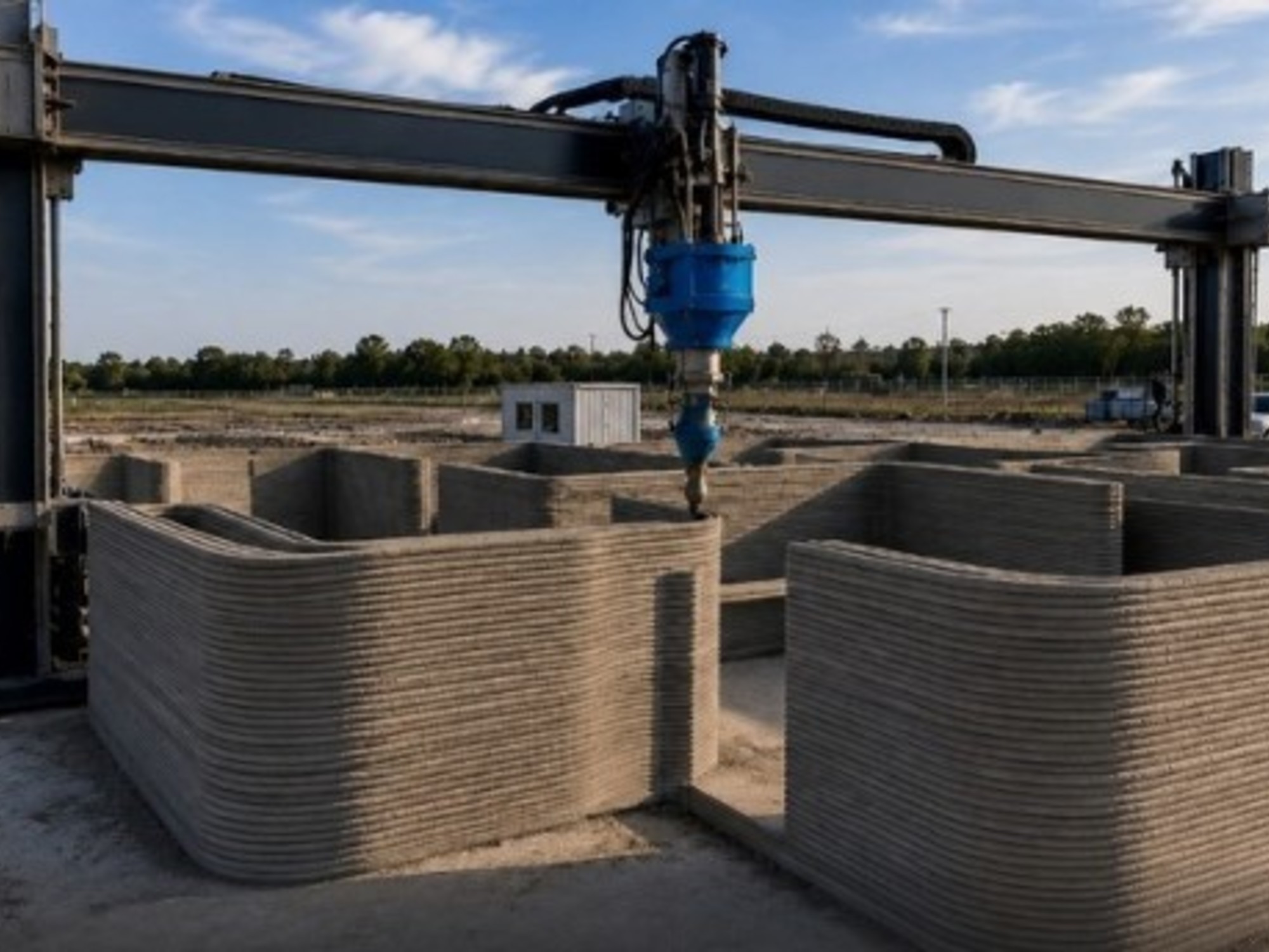 A large 3D concrete printer extruding material to build the walls of a house.