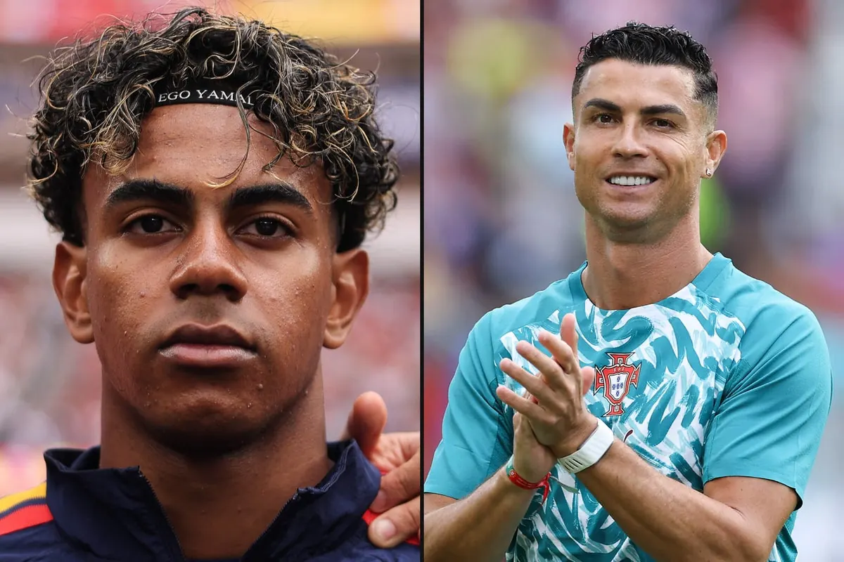 Lamine Yamal of Spain in action and Cristiano Ronaldo of Portugal in action during a FIFA World Cup 2026 match.
