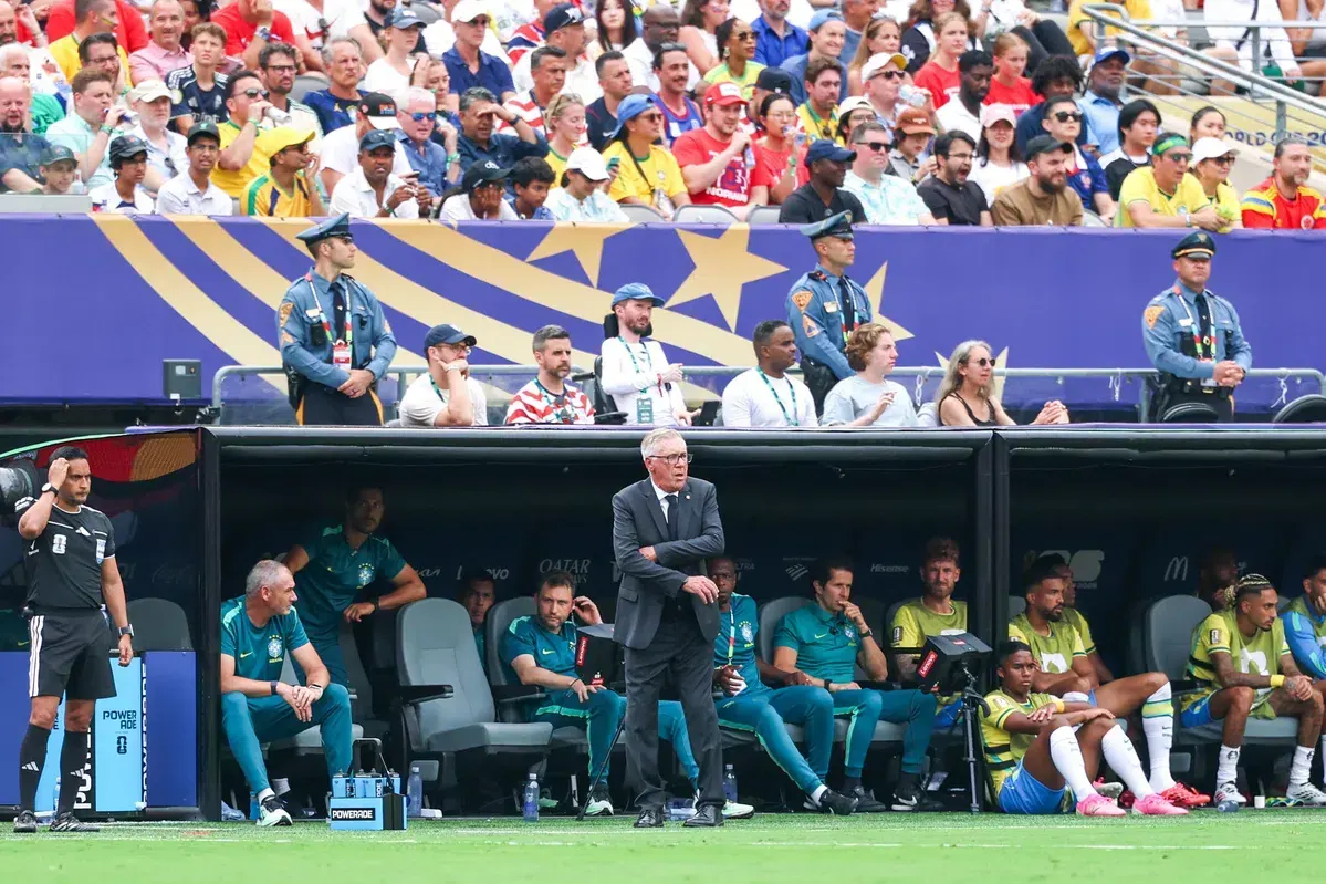 Carlo Ancelotti, coach of the Brazil national football team, looking contemplative.