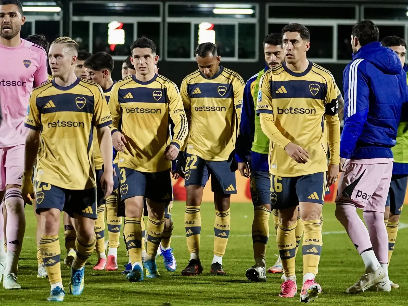 Boca Juniors players dejected after losing 3-0 to Deportivo Riestra in the Torneo Clausura opener at Estadio Guillermo Laza, July 2026