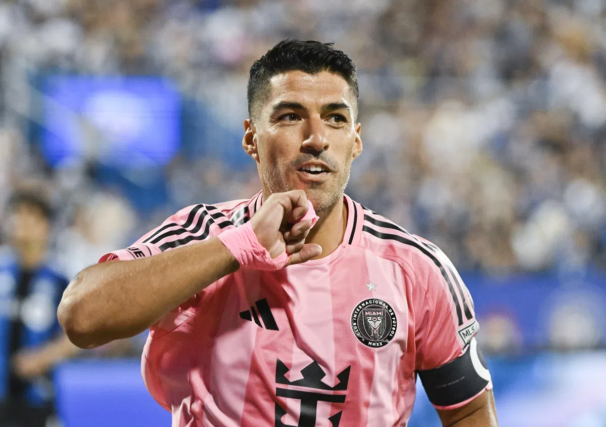 Luis Suárez celebrates after scoring a penalty for Inter Miami against CF Montréal in MLS action