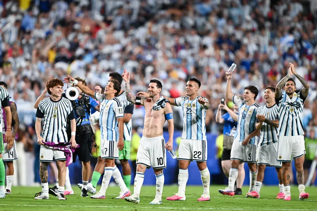 Argentinian players celebrate a goal during their World Cup match against Switzerland.