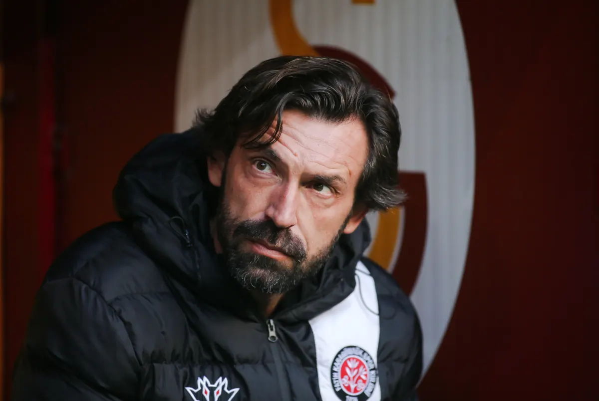 Andrea Pirlo, head coach of Fatih Karagumruk, during a Turkish Super Lig match against Galatasaray at NEF Stadyumu in Istanbul, April 2023.