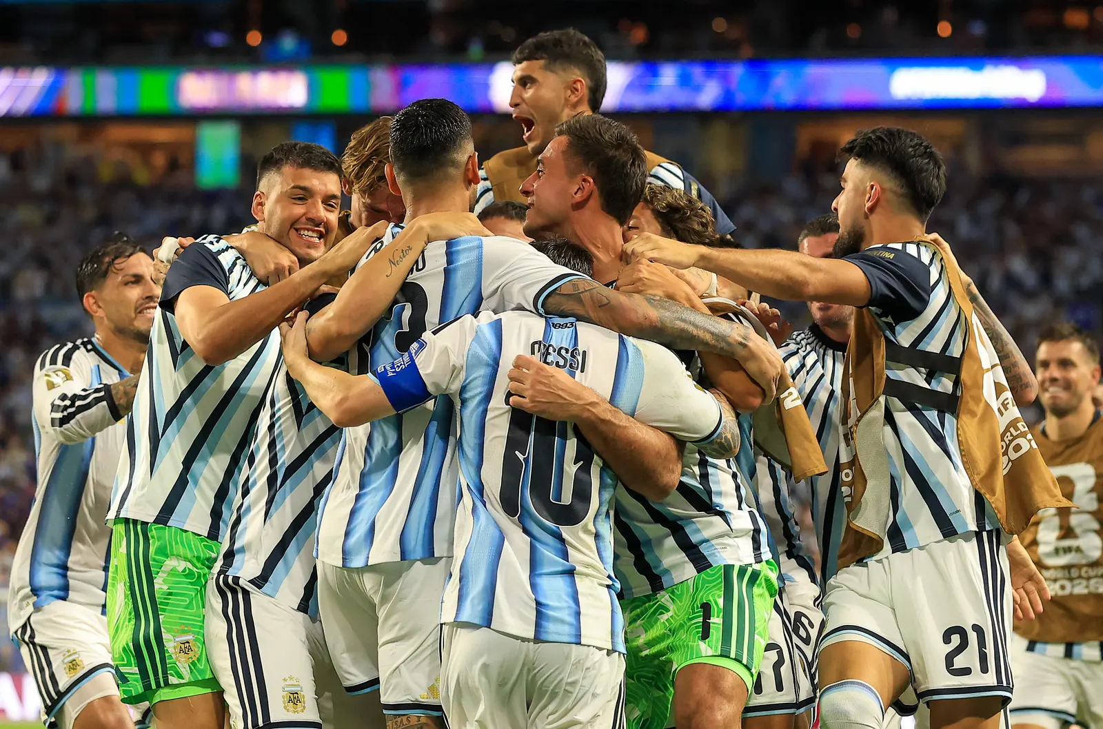 Argentina players celebrate after scoring a goal during the FIFA World Cup 2026 match against Cabo Verde.