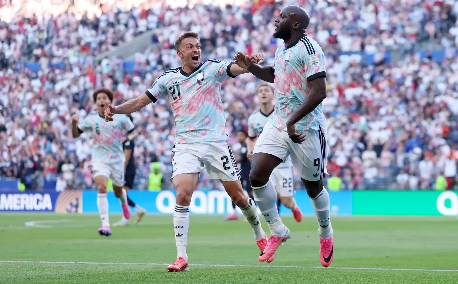 Belgium players celebrate a goal during their FIFA World Cup 2026 Round of 16 match against the United States.