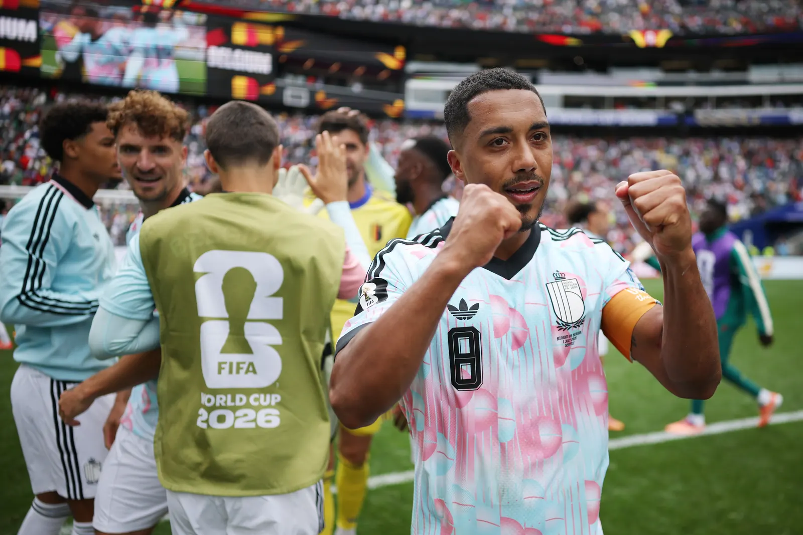 Belgium players celebrate a goal during their FIFA World Cup 2026 match against Senegal.