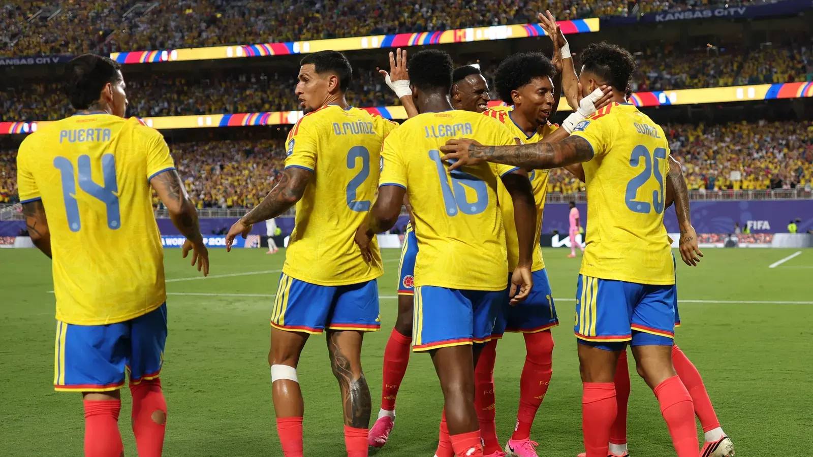 Colombian players celebrate a goal against Ghana during the FIFA World Cup 2026 match.