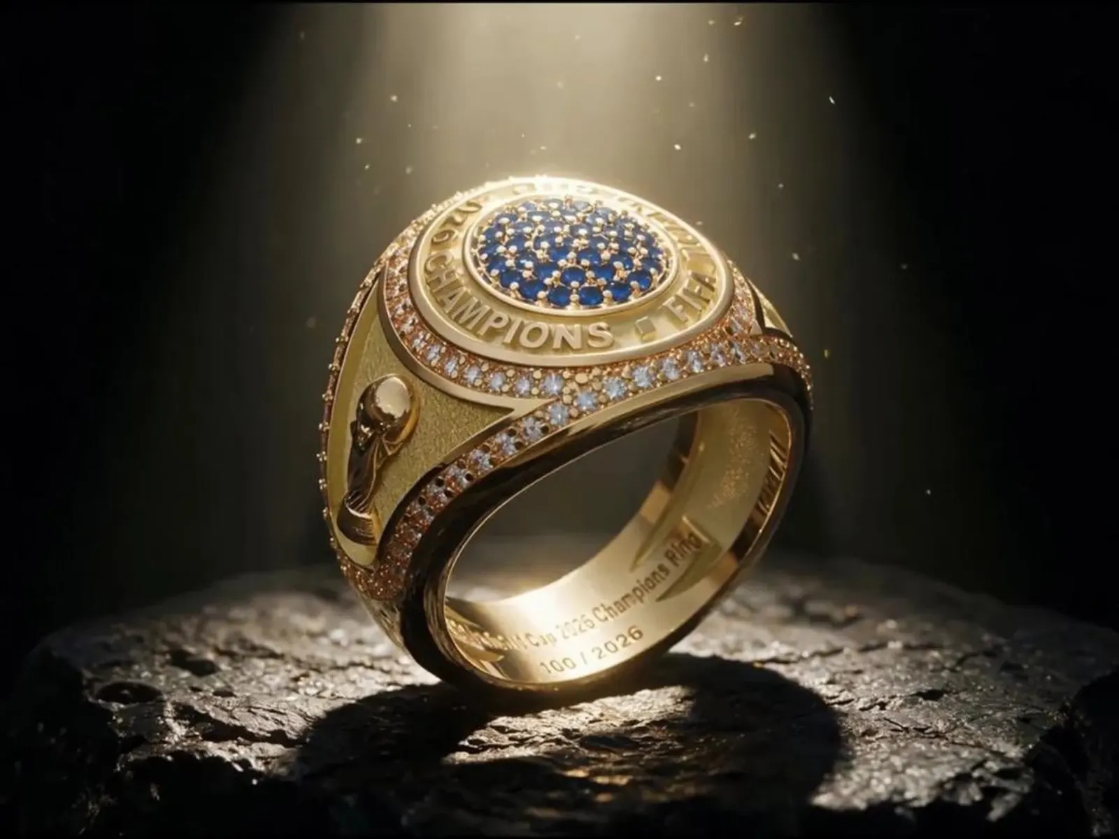 A golden FIFA World Cup trophy is displayed alongside several ornate championship rings.