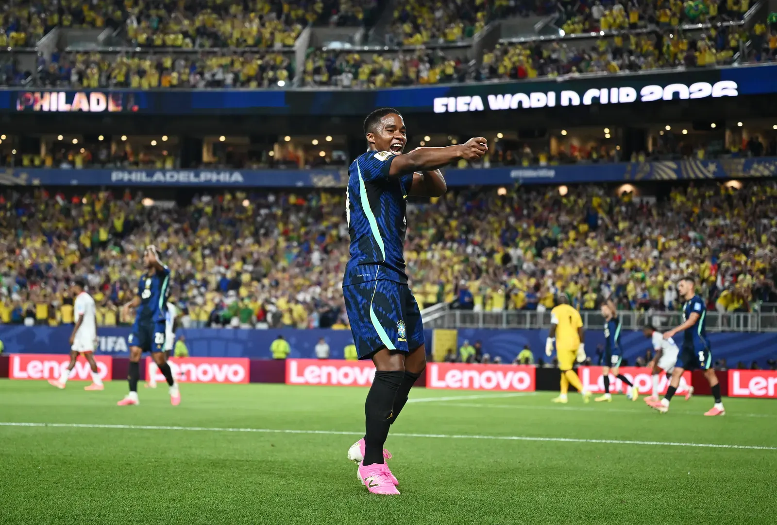 Brazil's Endrick in action during a football match.