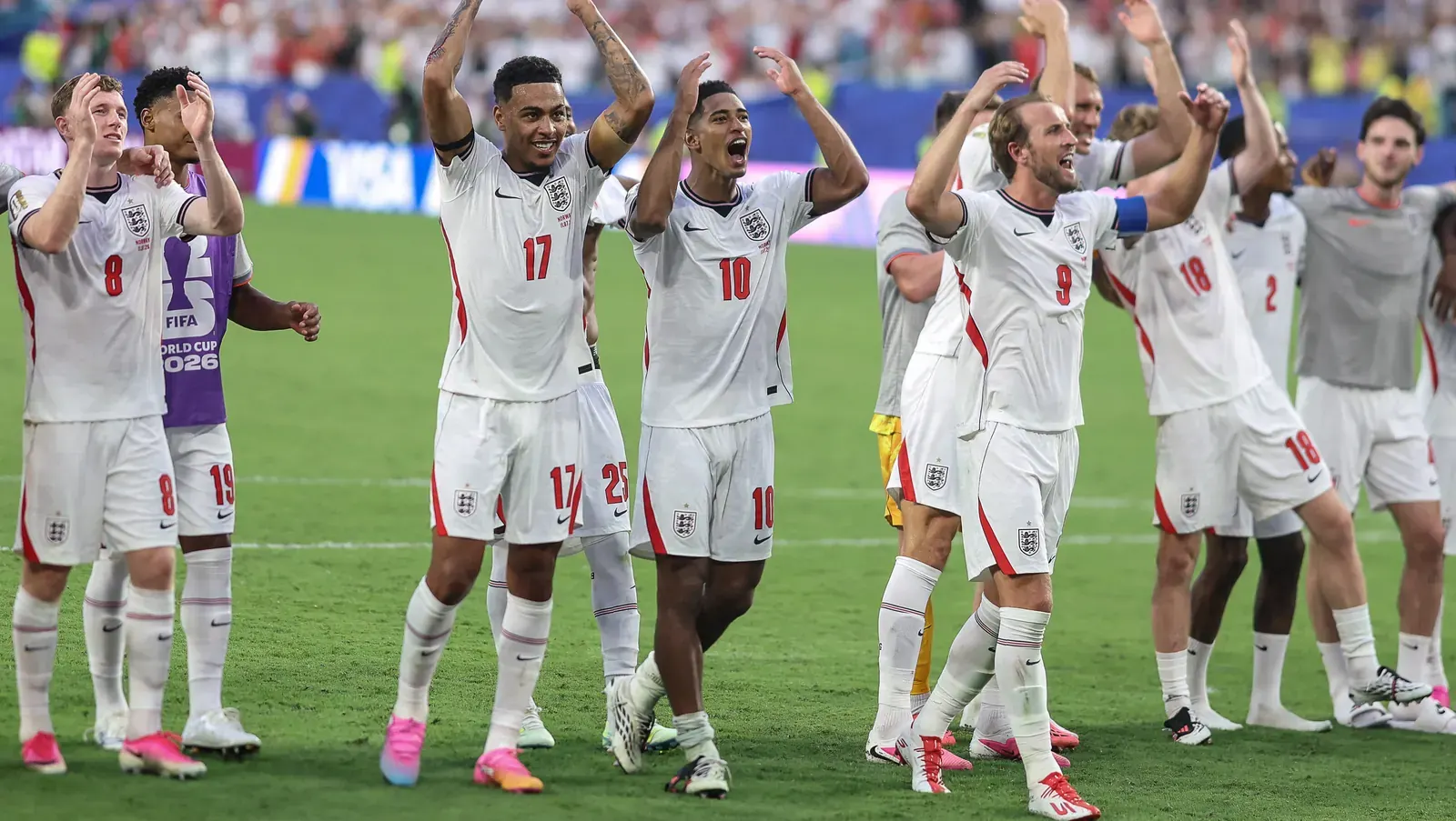 Jude Bellingham celebrating a goal for England during the FIFA World Cup 2026 match against Norway.