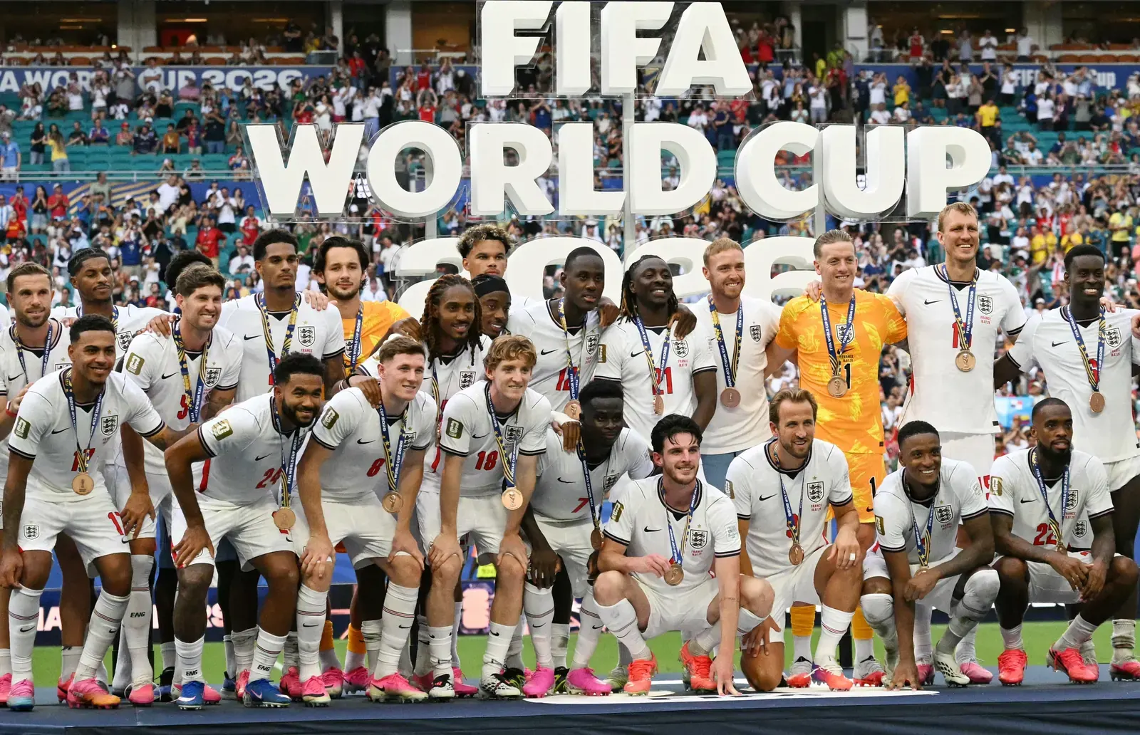 England players celebrating after a goal during the FIFA World Cup 2026 third-place playoff match.