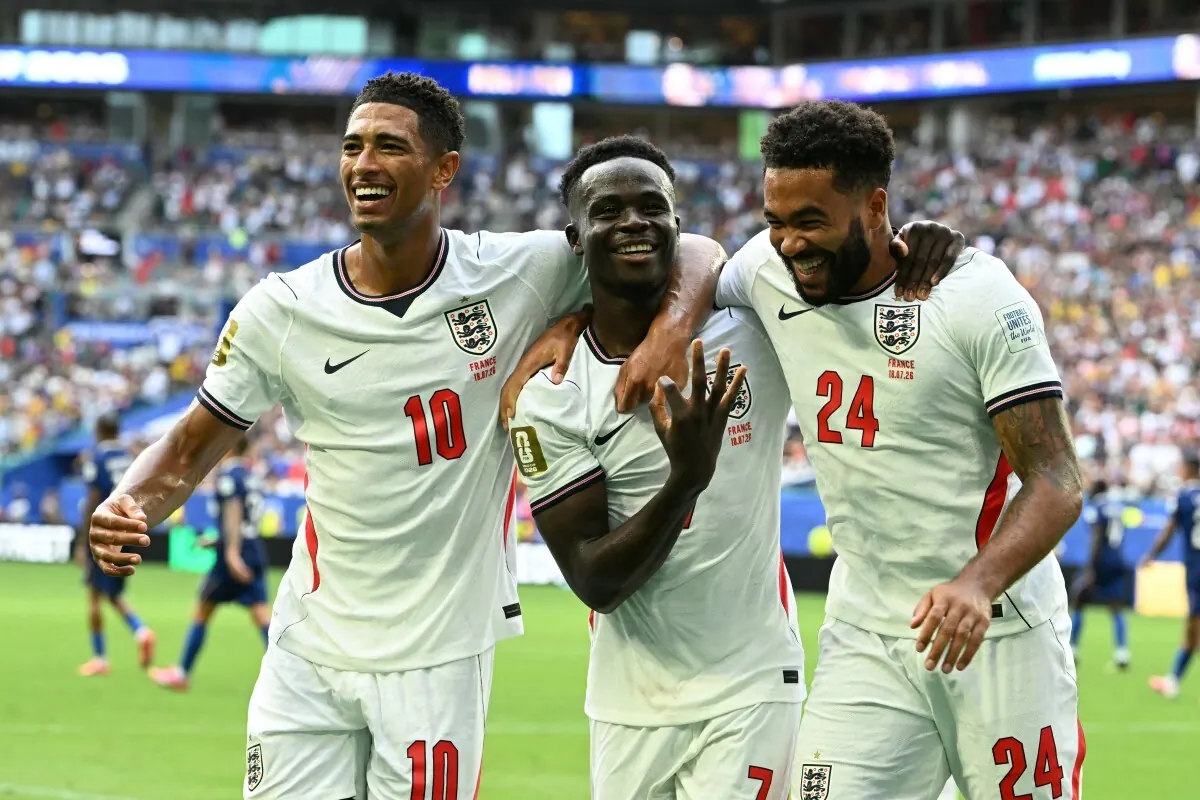 England players celebrate a goal during the FIFA World Cup 2026 third-place playoff against France.