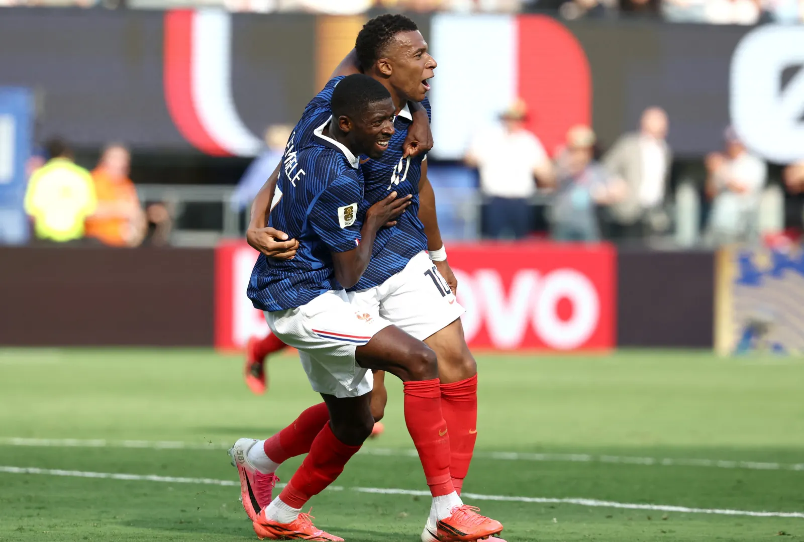 French players celebrate a goal during their FIFA World Cup 2026 match against Sweden.