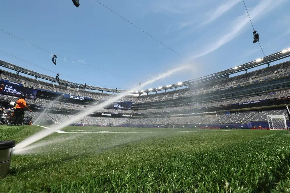 Aerial view of MetLife Stadium pitch set up for a major soccer match.