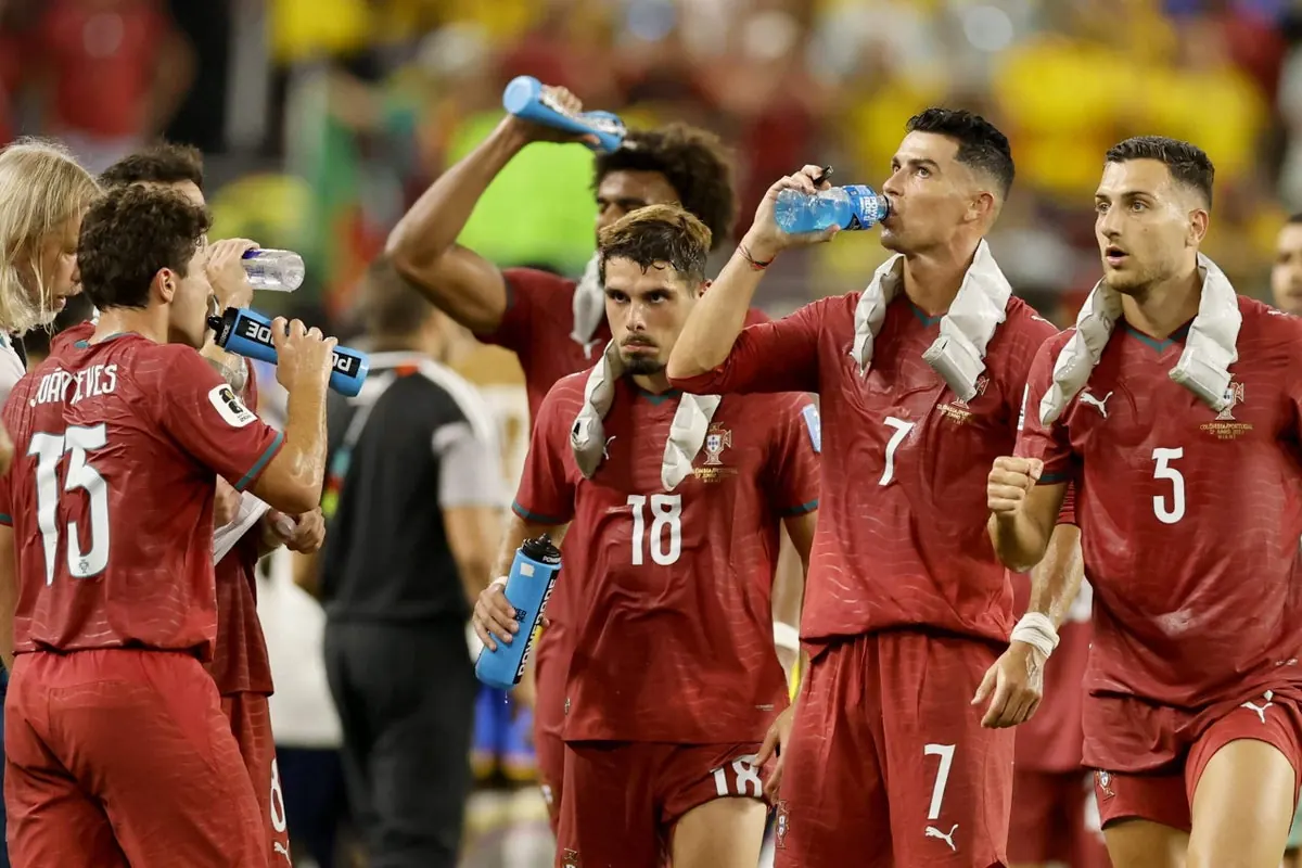 Portugal's football players in action during a World Cup match.