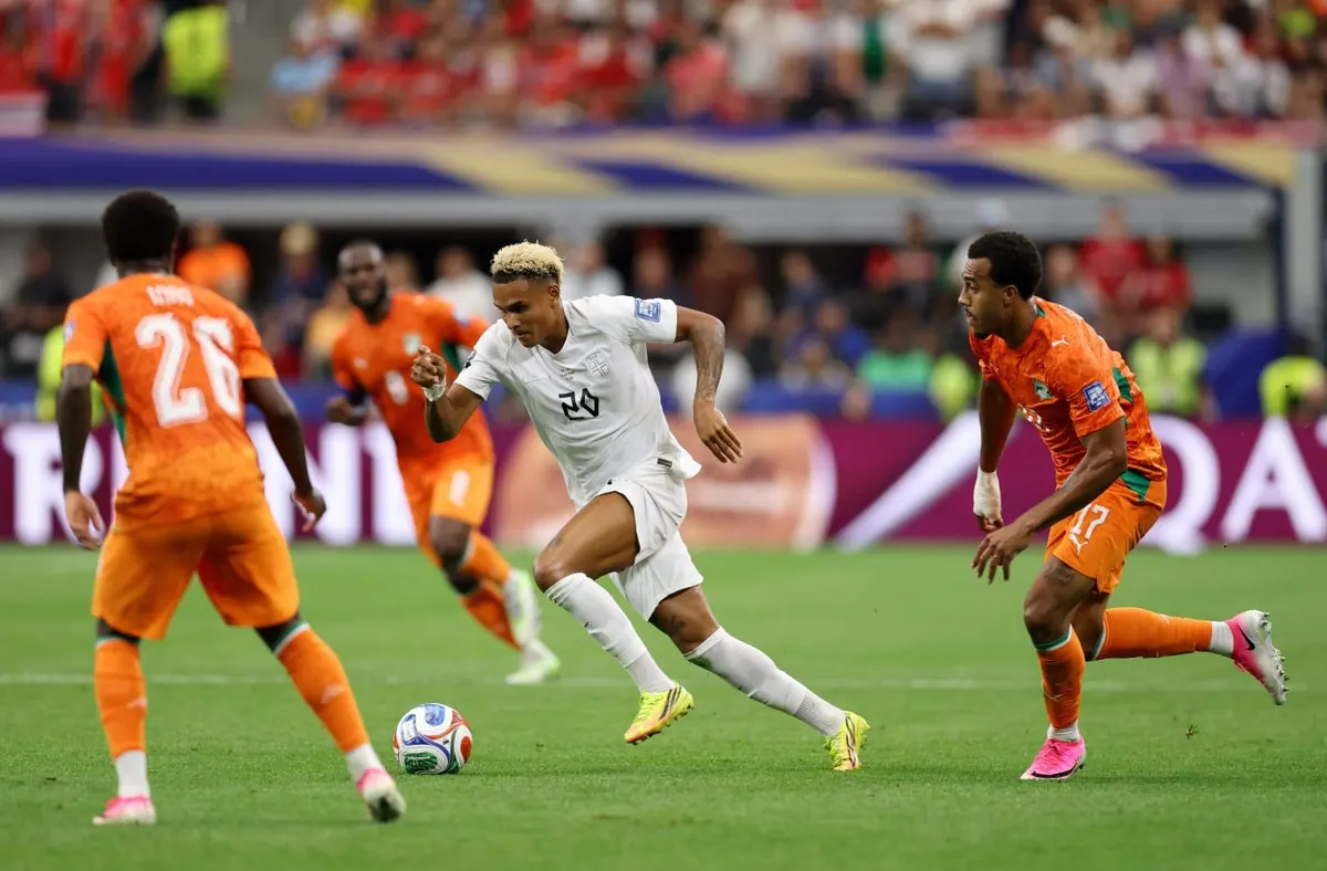 Antonio Nusa, Norway's winger, celebrates scoring a goal during a World Cup match.