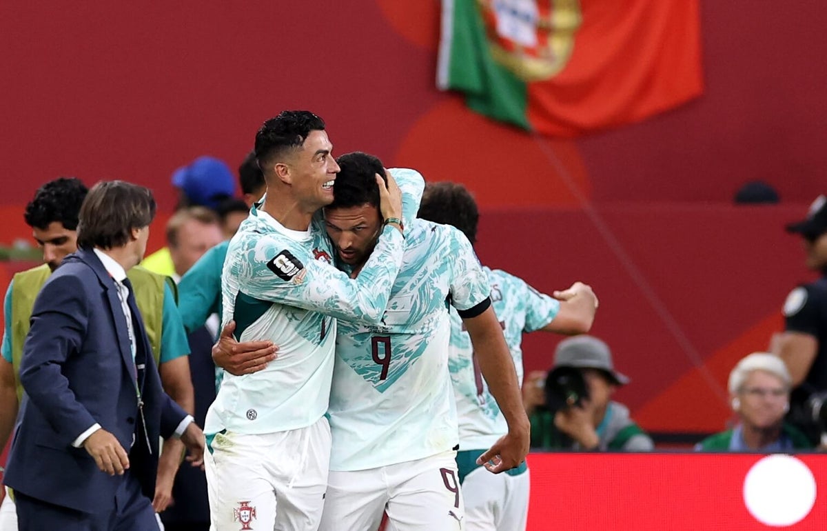 Cristiano Ronaldo celebrating scoring for Portugal during a World Cup match