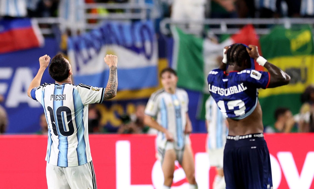 Lionel Messi celebrates a goal for Argentina during their World Cup match against Cape Verde.