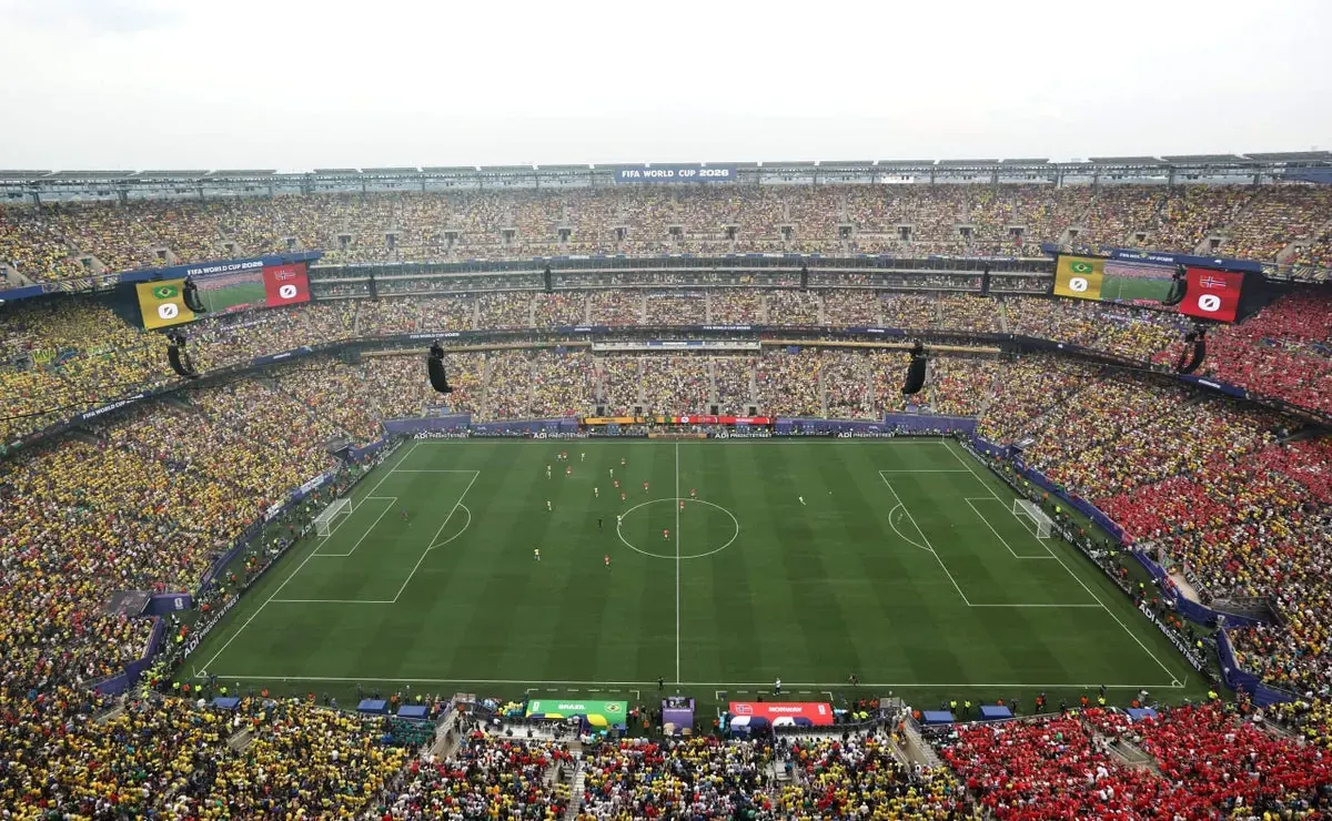 The playing surface of MetLife Stadium during a FIFA World Cup 2026 match.