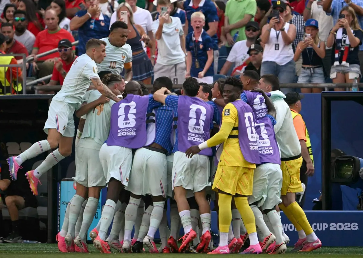 French footballers celebrate a goal during their World Cup semi-final victory.