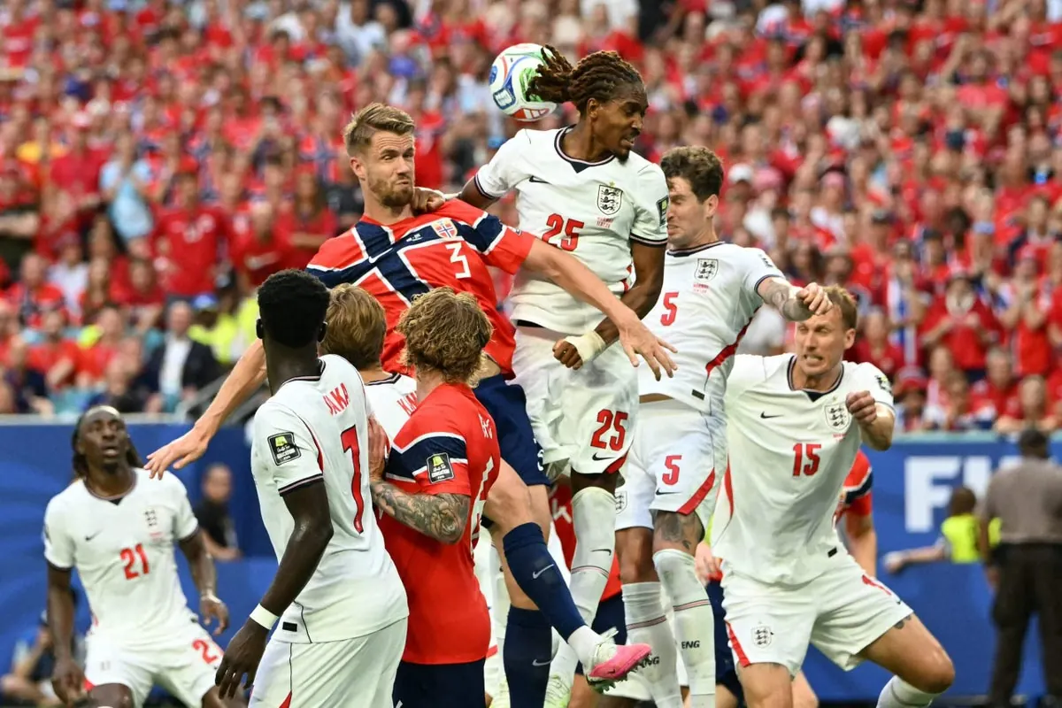England players celebrate a goal during a World Cup match in Miami