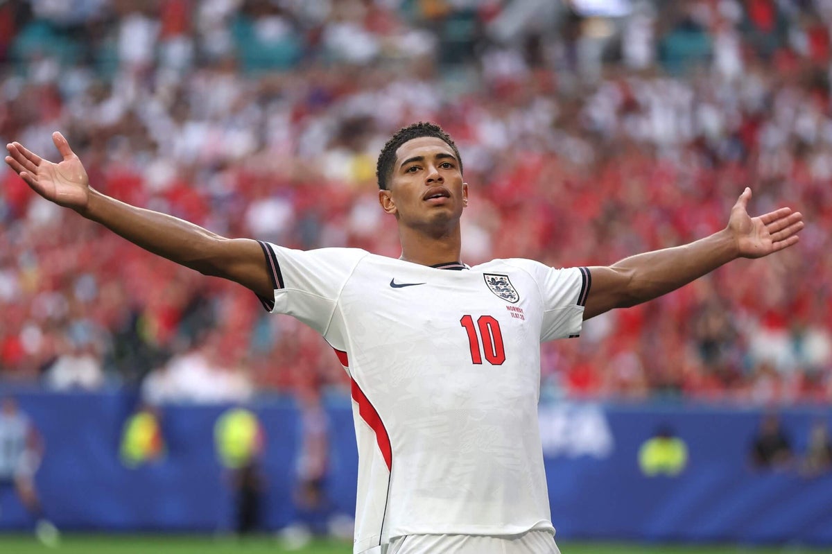 Jude Bellingham celebrating a goal for England during a World Cup match