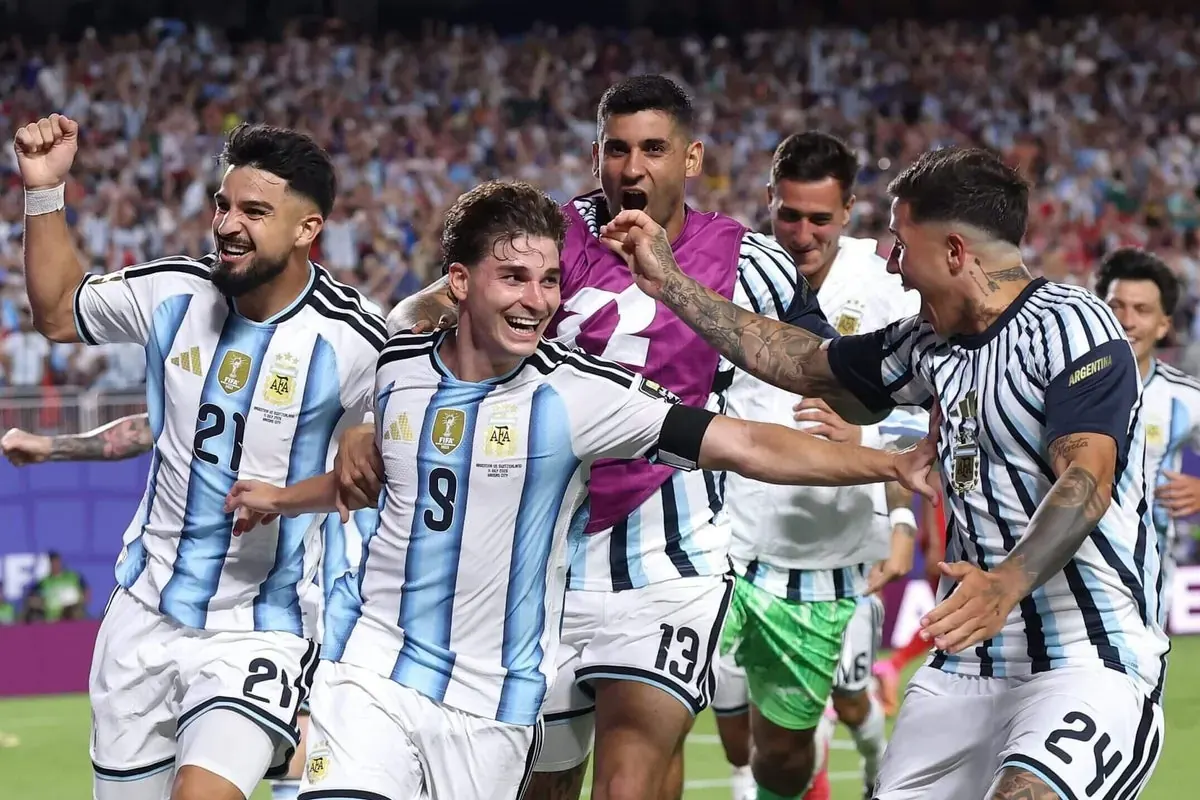 Argentina players celebrate a goal during their FIFA World Cup quarter-final match against Switzerland.