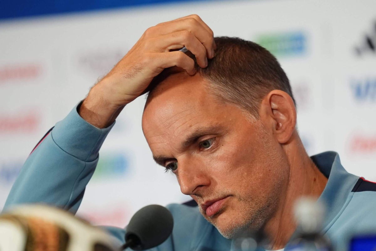 Thomas Tuchel, the England national football team manager, looks on during a press conference.