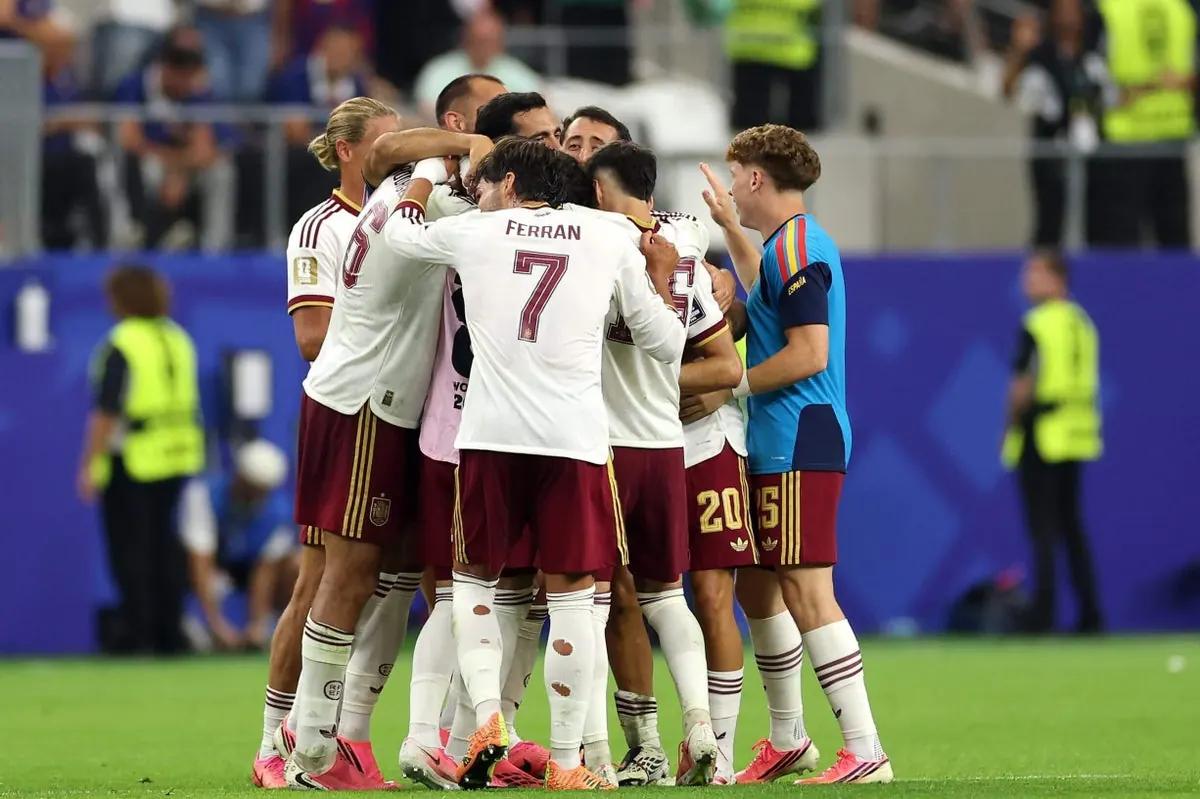 Spain players celebrating a goal during the FIFA World Cup.