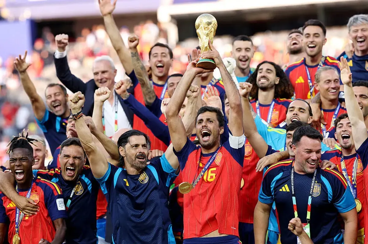 Spain players celebrate during a World Cup match