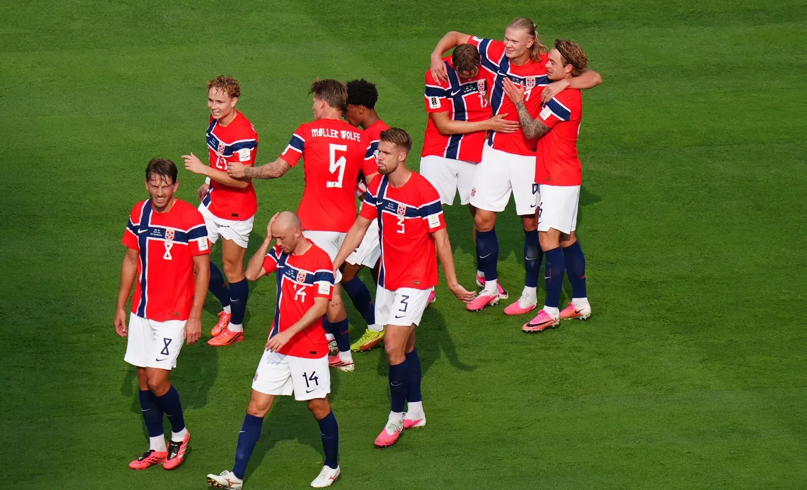 Erling Haaland celebrating a goal for Norway during the FIFA World Cup 2026 match against Brazil.