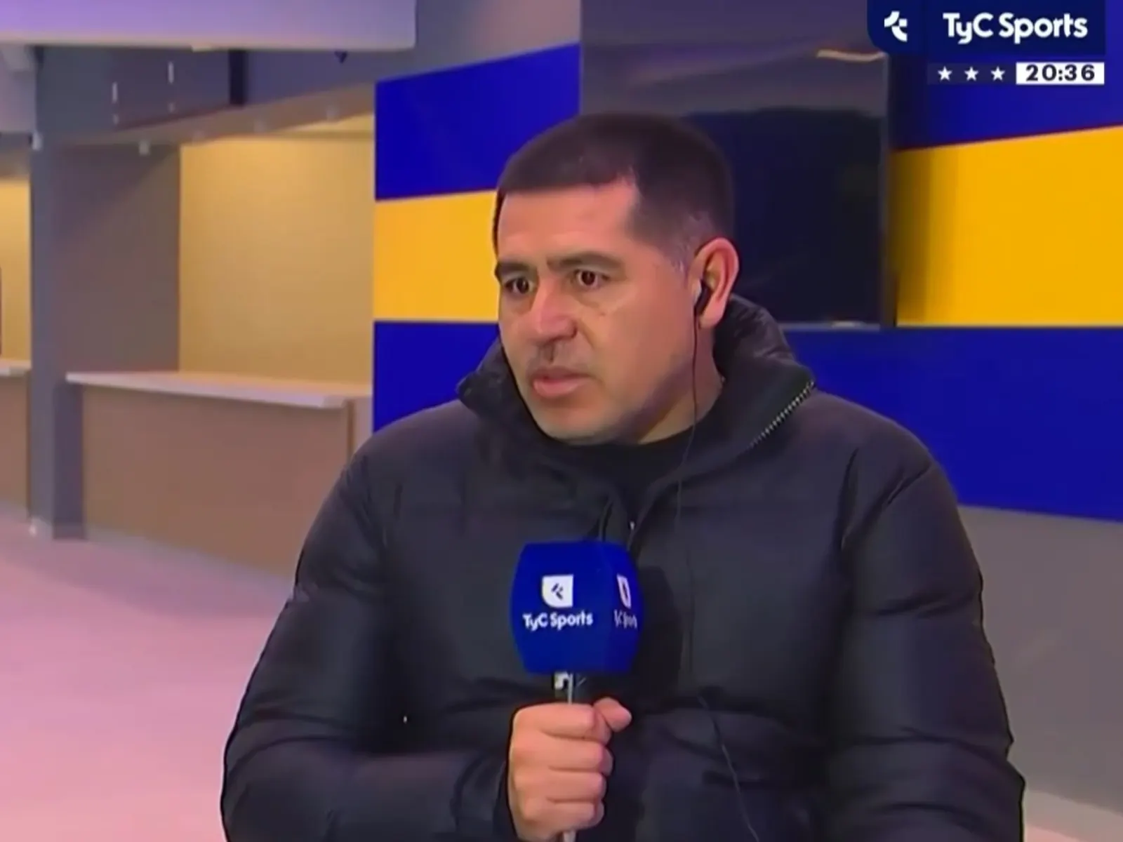 Juan Román Riquelme speaking as Boca Juniors president at La Bombonera
