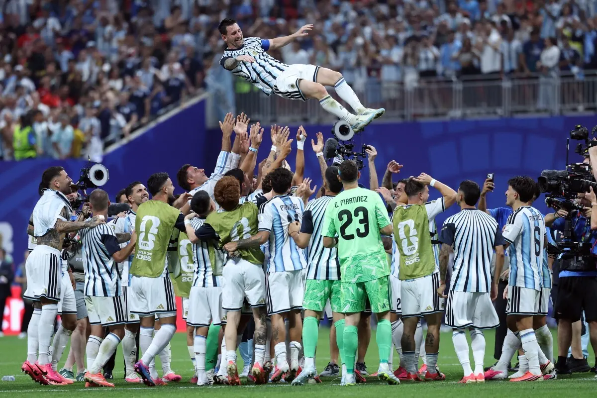 Lionel Messi in tears after Argentina's victory in the FIFA World Cup 2026 match.