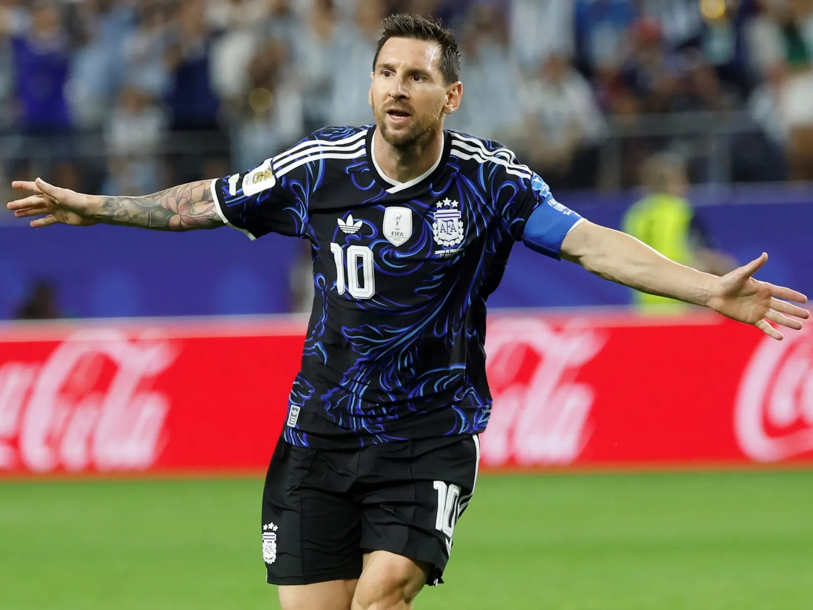 Argentina national football team players in a blue kit
