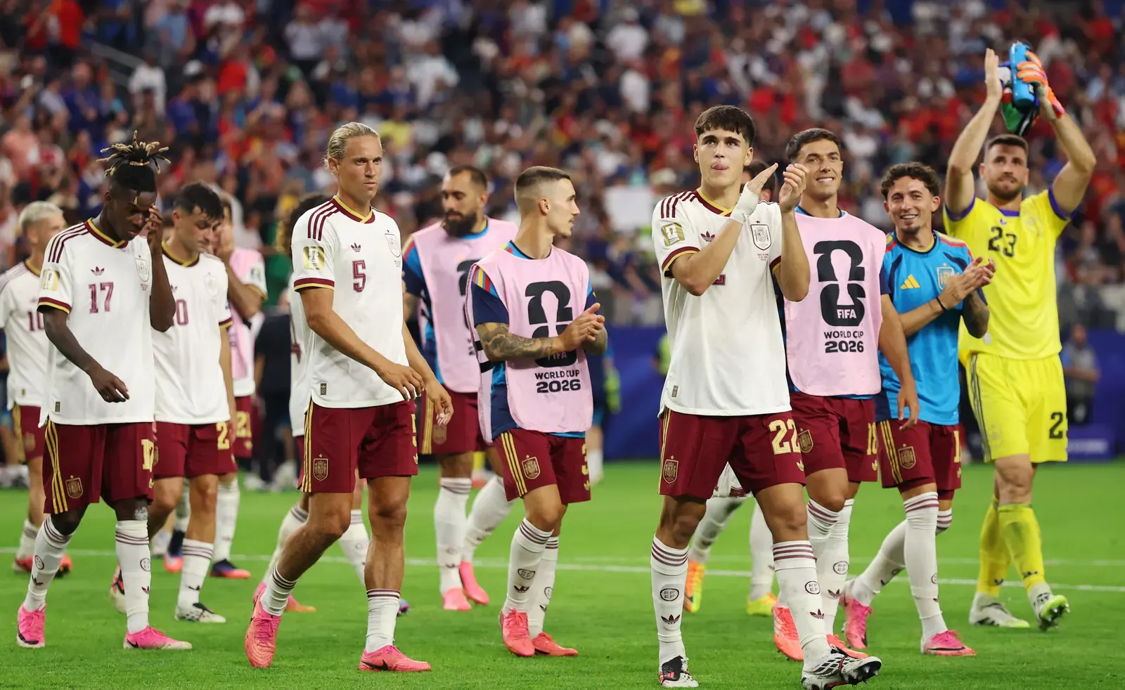 Spanish players celebrate a goal during their FIFA World Cup 2026 semi-final match against France.
