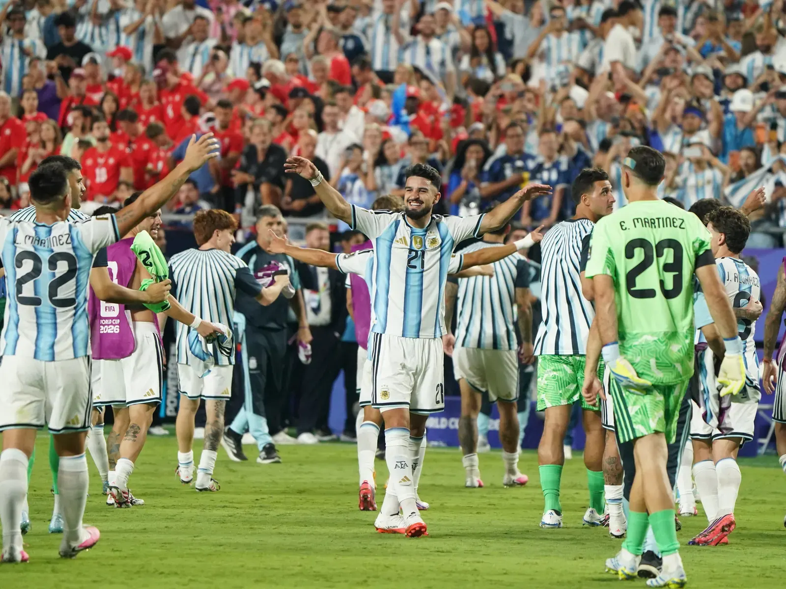 José López celebrating an assist during a World Cup match for Argentina.
