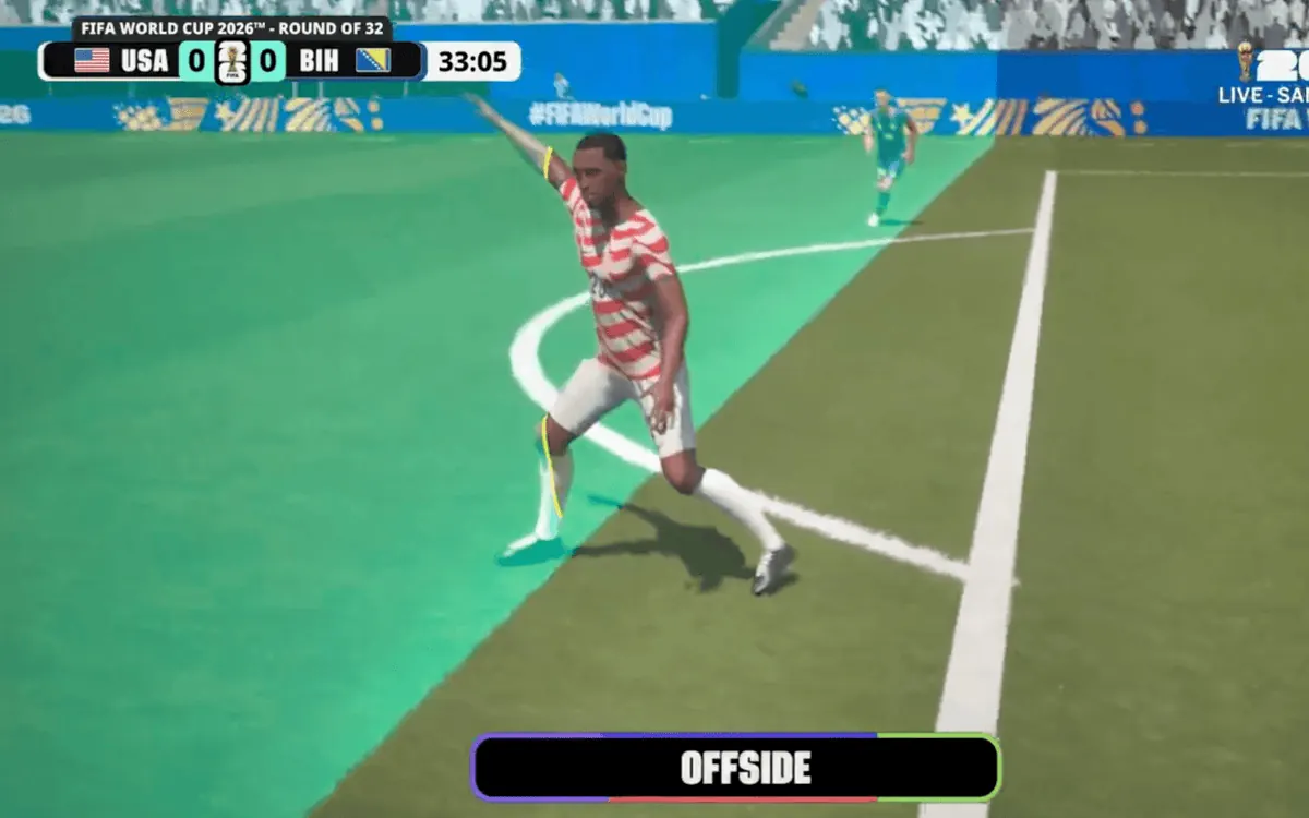 Football player in an offside position, with the assistant referee's flag raised.