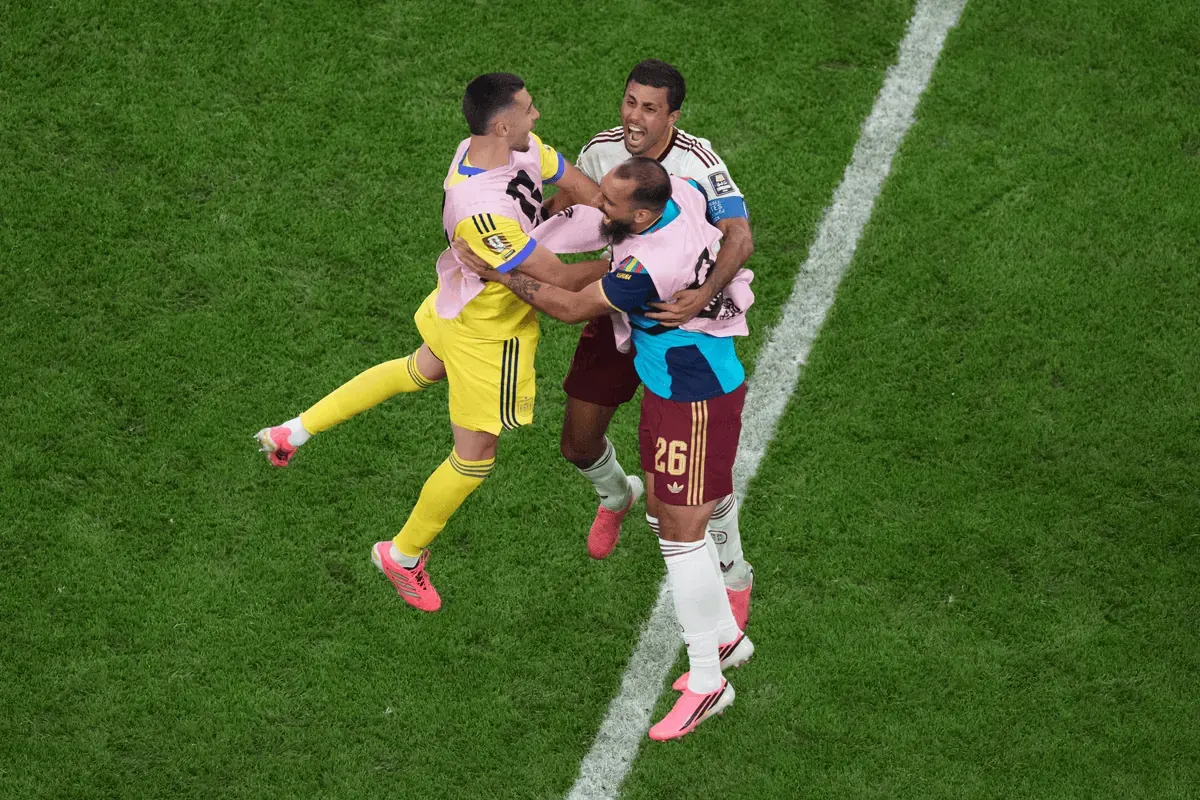 Spain players celebrate a goal during their World Cup semi-final match.
