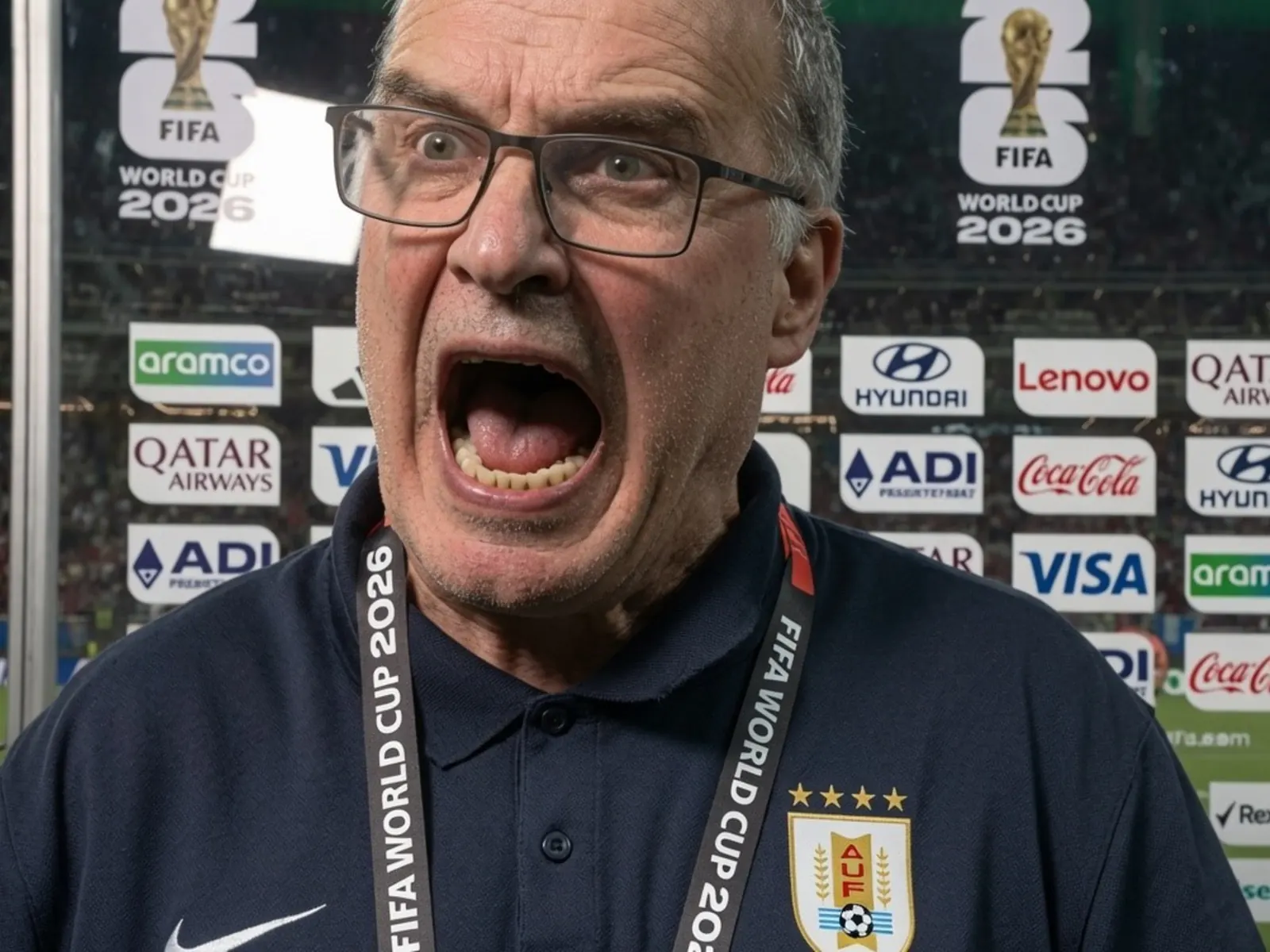 Marcelo Bielsa speaking at a press conference, looking pensive.
