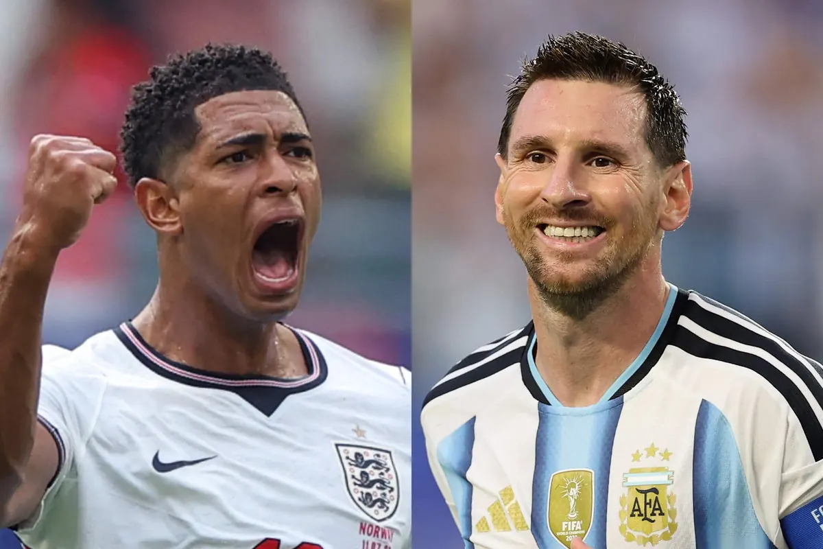 A dynamic image of the England and Argentina national football teams clashing during a World Cup semi-final match.